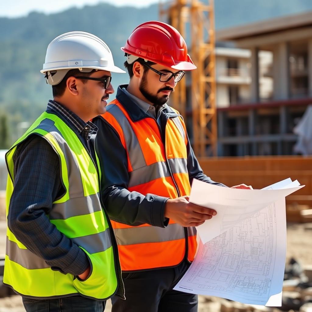 Engineers reviewing blueprints on site