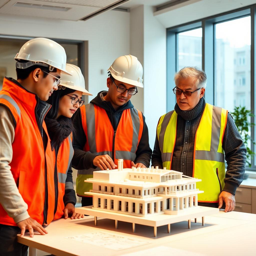 Interns reviewing architectural model with mentor